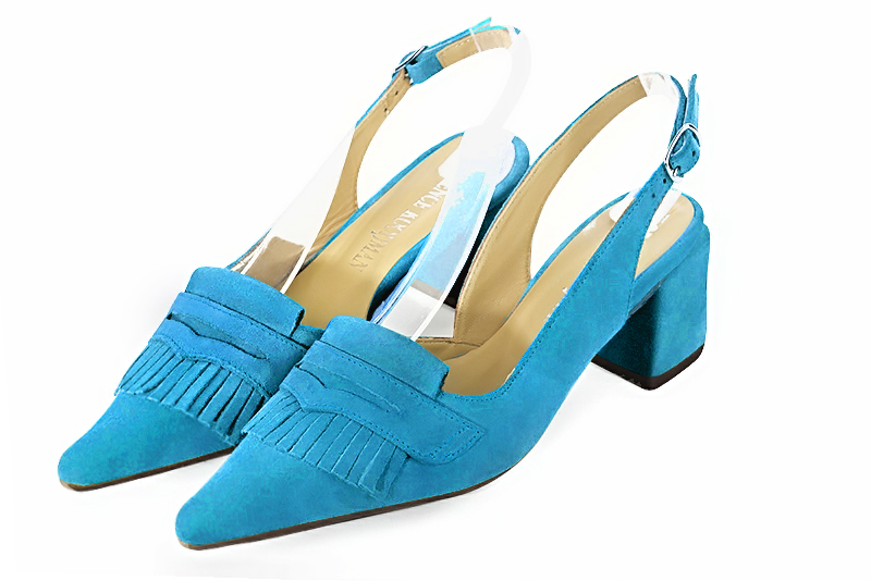 Turquoise blue women's slingback shoes. Pointed toe. Medium block heels. Front view - Florence KOOIJMAN